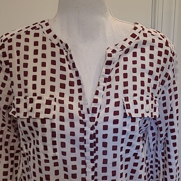 LOFT sz S 100% Cotton White and Brown Button Down Shirt - Picture 2 of 8